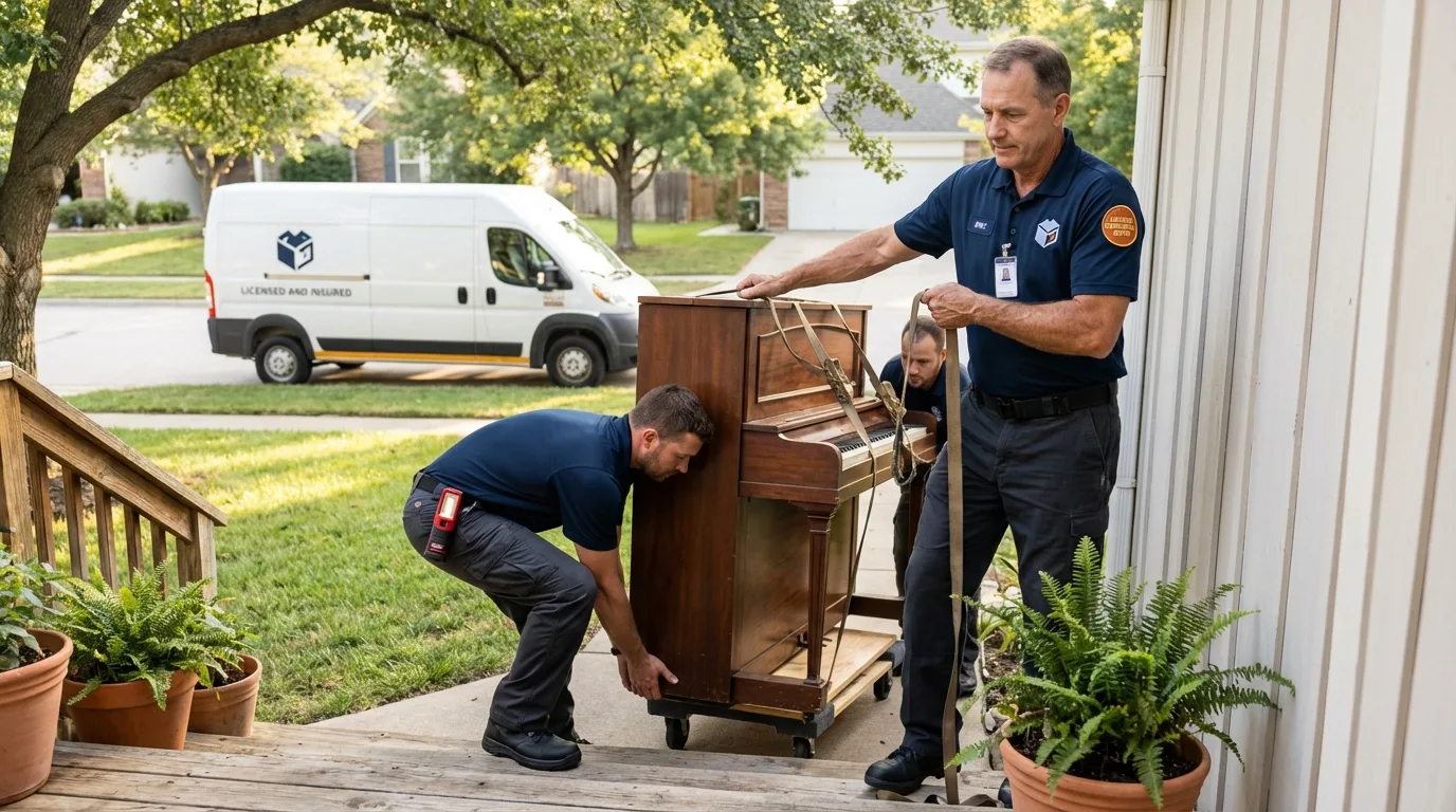 Licensed piano movers securing grand piano in Leavenworth, WA
